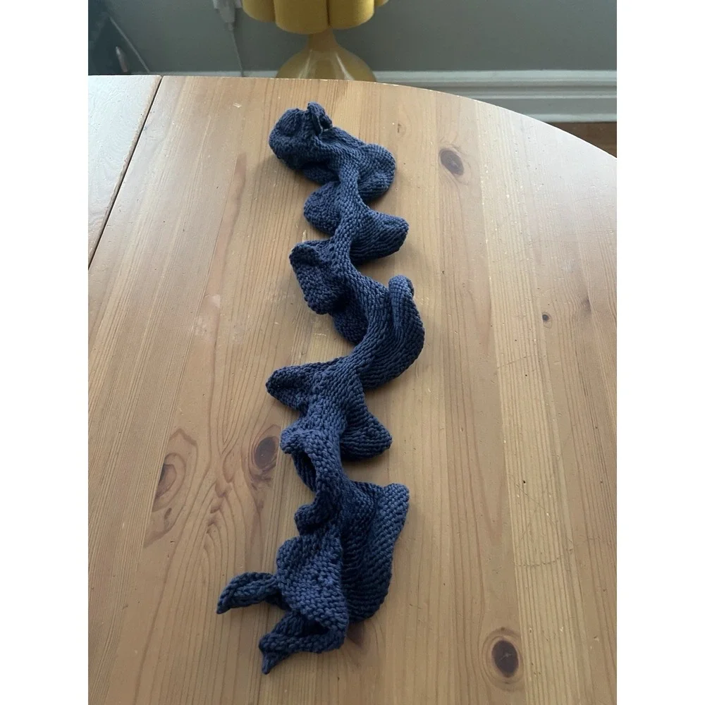 Hand Knit Short Blue Ruffle Scarf Frilly Boa Neck Accessory Handmade